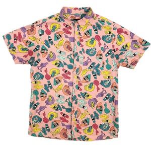 A-Lab Button Down Shirt Mens Medium Pink Short Sleeve Hands Print ALAB Loud